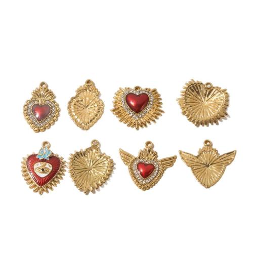 Acier inoxydable Coeur Pendentifs, Acier inoxydable 304, Placage de couleur d'or, DIY & émail & avec strass, doré, 10PC/sac, Vendu par sac