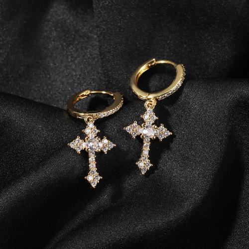 laiton Boucles d'oreilles pendantes Hoop Huggie, croix, Placage, unisexe & pavé de micro zircon, plus de couleurs à choisir, Vendu par paire