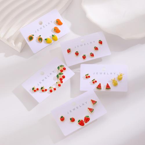 Pendientes de Perno de Aleación de Zinc, chapado en color dorado, Joyería & esmalte & con diamantes de imitación, más colores para la opción, 3PCs/Set, Vendido por Set