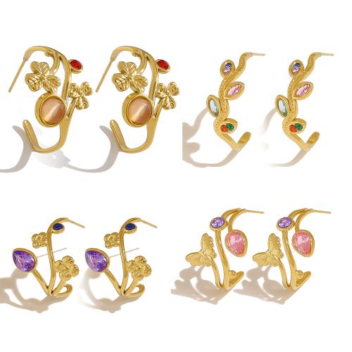Stainless Steel Stud Earrings, 304 Stainless Steel, with Cubic Zirconia, 18K gold plated, fashion jewelry & different styles for choice & for woman, Sold By Pair