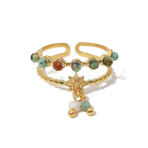 Natural Gemstone Finger Ring, 304 Stainless Steel, with Natural Stone & Plastic Pearl, 18K gold plated, different materials for choice & for woman & hollow, Sold By PC