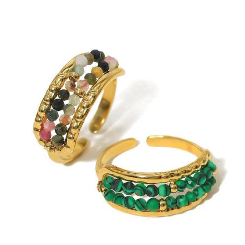 Natural Gemstone Finger Ring, 304 Stainless Steel, with Malachite, plated, different materials for choice & for woman & hollow, golden, Sold By PC