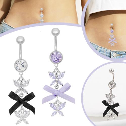alliage de zinc anneau de ventre, avec tissu & Acier inoxydable 304, Noeud papillon, Placage, unisexe & pavé de micro zircon, plus de couleurs à choisir, Vendu par PC