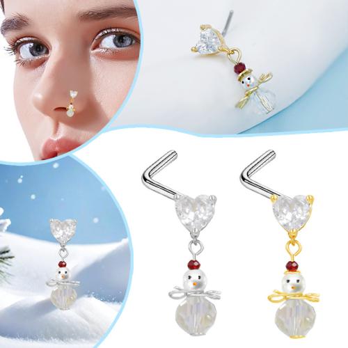 304 Stainless Steel Nose Piercing Jewelry, with Plastic Pearl, Snowman, plated, Christmas Design & Unisex & micro pave cubic zirconia, more colors for choice, Sold By PC
