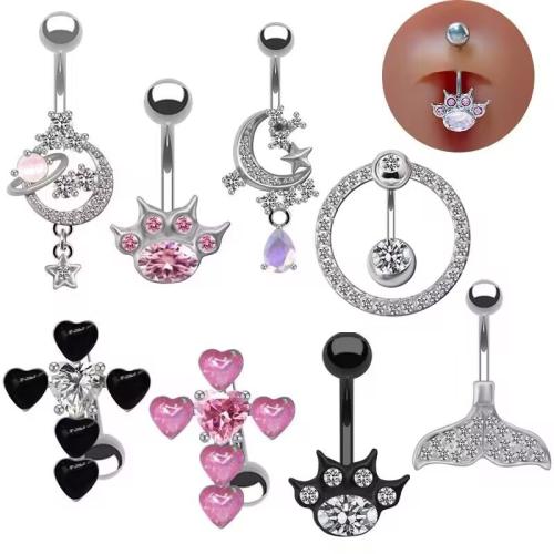 Brass Belly Ring, plated, Unisex & different styles for choice & with rhinestone, belly ring length 20-40mm, Sold By PC