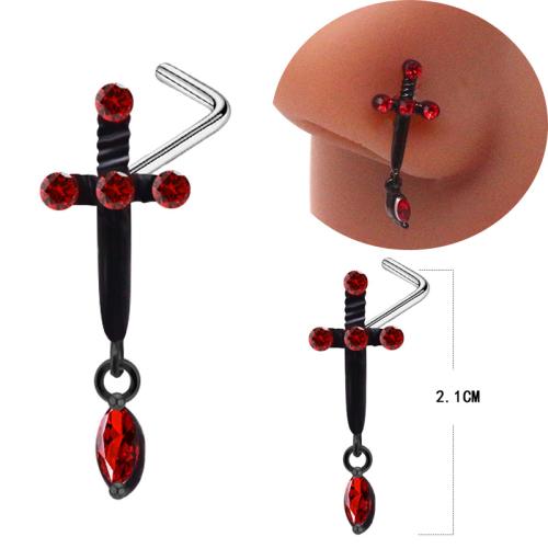 304 Stainless Steel Nose Piercing Jewelry, Cross, plated, Unisex & micro pave cubic zirconia, black, 21mm, Sold By PC
