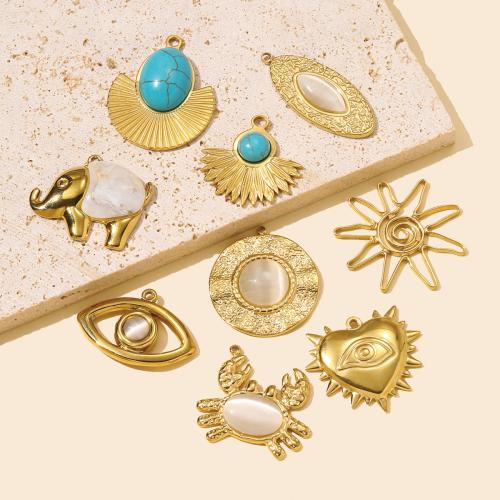 Stainless Steel Pendants, 304 Stainless Steel, with Natural Stone & Cats Eye & Resin, gold color plated, DIY, more colors for choice, 3PCs/Bag, Sold By Bag
