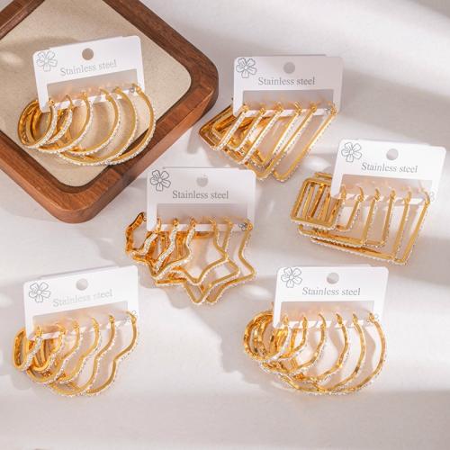 Stainless Steel Drop Earring, 304 Stainless Steel, plated, three pieces & different styles for choice & for woman & with rhinestone, golden, Sold By Set