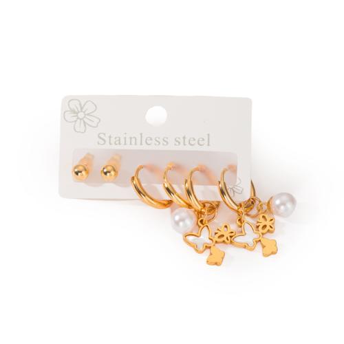 Stainless Steel Drop Earring, 304 Stainless Steel, with White Shell & Plastic Pearl, plated, three pieces & different styles for choice & for woman, golden, Sold By Set