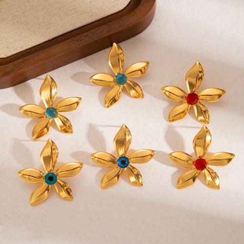 Stainless Steel Stud Earrings, 304 Stainless Steel, with Resin, Flower, plated, fashion jewelry & different designs for choice & for woman, golden, Sold By Pair