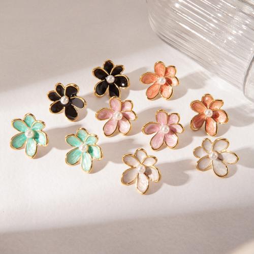 Stainless Steel Stud Earrings, 304 Stainless Steel, with Plastic Pearl, Flower, gold color plated, fashion jewelry & for woman & enamel, more colors for choice, Sold By Pair