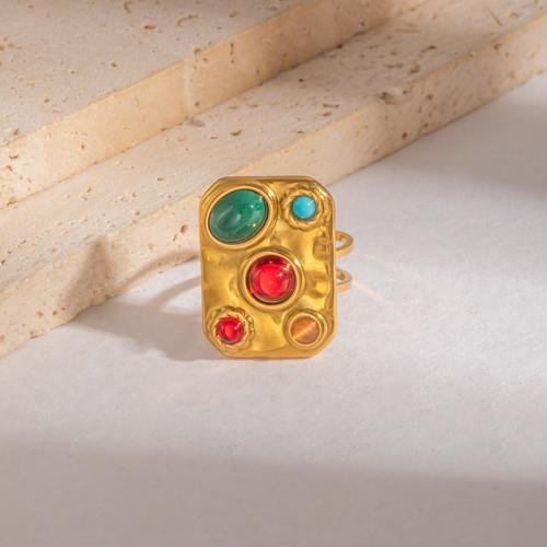 Stainless Steel Finger Ring, 304 Stainless Steel, with Glass, plated, fashion jewelry & for woman & hollow, golden, Sold By PC