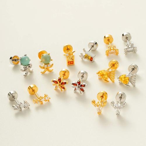 Bijoux de piercing d'oreille en acier inoxydable, Acier titane, avec laiton, Placage de couleur d'or, bijoux de mode & pavé de micro zircon, plus de couleurs à choisir, 5x0.80x6mm, Vendu par PC