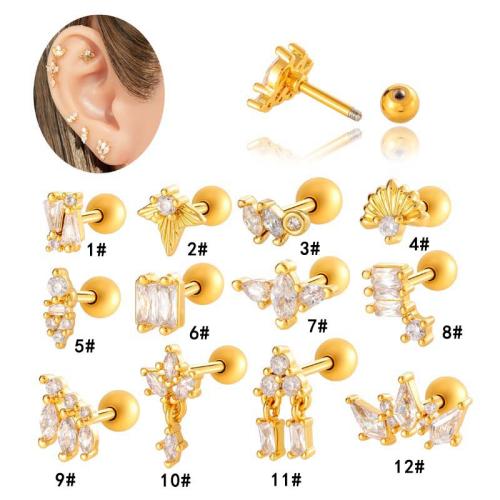 Stainless Steel Ear Piercing Jewelry, Titanium Steel, with Brass, gold color plated, fashion jewelry & micro pave cubic zirconia, more colors for choice, Sold By PC