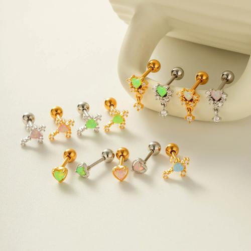 Stainless Steel Ear Piercing Jewelry, 304 Stainless Steel, with Opal & Brass, gold color plated, fashion jewelry & micro pave cubic zirconia, more colors for choice, 100Pairs/Bag, Sold By Bag