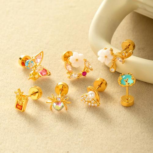 Stainless Steel Ear Piercing Jewelry, Titanium Steel, with Plastic Pearl & Brass, gold color plated, fashion jewelry & micro pave cubic zirconia, more colors for choice, Sold By PC