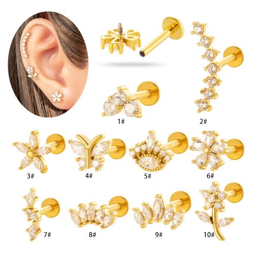 Stainless Steel Ear Piercing Jewelry, Titanium Steel, gold color plated, fashion jewelry & micro pave cubic zirconia, more colors for choice, Sold By PC