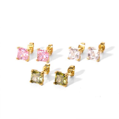 Stainless Steel Stud Earrings, 304 Stainless Steel, with Cubic Zirconia, Square, 18K gold plated, fashion jewelry & for woman, more colors for choice, Sold By Pair