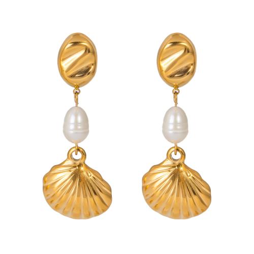 Stainless Steel Drop Earring, 304 Stainless Steel, with Shell Pearl, Vacuum Ion Plating, fashion jewelry & for woman, golden, Sold By Pair