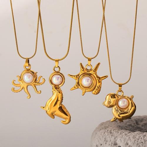 Stainless Steel Jewelry Necklace, 304 Stainless Steel, with Plastic Pearl, plated, fashion jewelry & different styles for choice & for woman, golden, Sold By PC