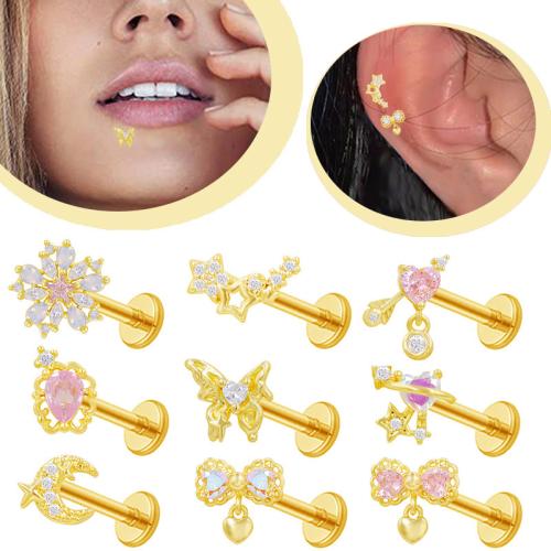 Acier inoxydable 304 piercing oreille, avec laiton, Placage de couleur d'or, unisexe & styles différents pour le choix & avec strass, 8mm, Vendu par PC