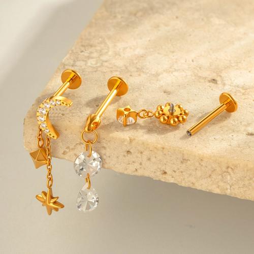Titanium Alloy Piercing Earring, gold color plated, fashion jewelry & micro pave cubic zirconia, more colors for choice, Sold By PC