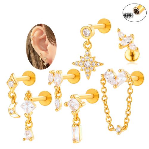 Alliage de titane piercing oreille, avec laiton, Placage de couleur d'or, bijoux de mode & pavé de micro zircon, plus de couleurs à choisir, Vendu par PC