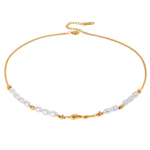 Collar de acero inoxidable de la joyería, acero inoxidable 304, con Perlas de vidrio, chapado, para mujer, dorado, Vendido por UD