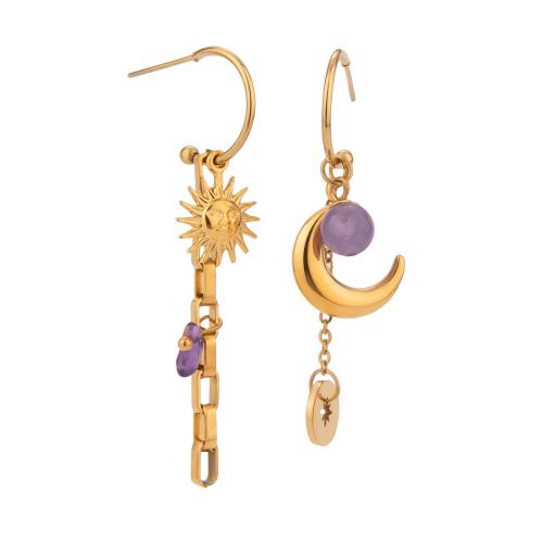 Asymmetric Earrings, 304 Stainless Steel, with Natural Stone, plated, fashion jewelry & for woman, golden, Sold By Pair