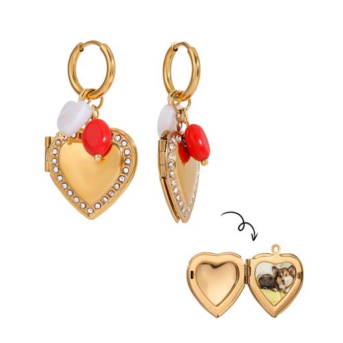 Stainless Steel Drop Earring, 304 Stainless Steel, with Natural Stone, Heart, plated, can open and put into something & for woman & with rhinestone, golden, Sold By Pair