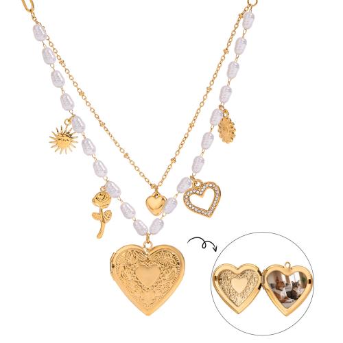 Fashion Locket Necklace, 304 Stainless Steel, with Plastic Pearl, plated, can open and put into something & Double Layer & for woman & with rhinestone, golden, Sold By PC