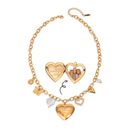 Fashion Locket Necklace, 304 Stainless Steel, with Shell Pearl, plated, can open and put into something & for woman & with rhinestone, golden, Sold By PC