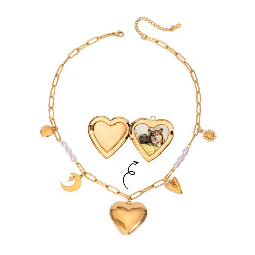 Fashion Locket Necklace, 304 Stainless Steel, with Plastic Pearl, plated, can open and put into something & fashion jewelry & for woman, golden, Sold By PC