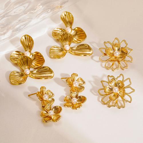 Stainless Steel Stud Earrings, 304 Stainless Steel, with Plastic Pearl, Flower, plated, fashion jewelry & different styles for choice & for woman, golden, Sold By Pair