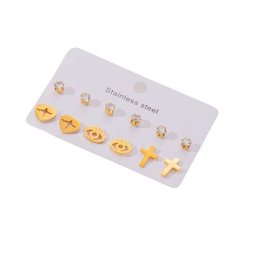 Stainless Steel Stud Earrings, 304 Stainless Steel, plated, 6 pieces & different styles for choice & micro pave cubic zirconia & for woman, golden, Sold By Set