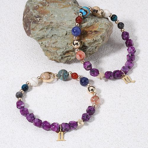 Gemstone Bracelets, 304 Stainless Steel, with Gemstone, 12 Signs of the Zodiac, plated, fashion jewelry, more colors for choice, 6-8mm, Sold Per 19 cm Strand