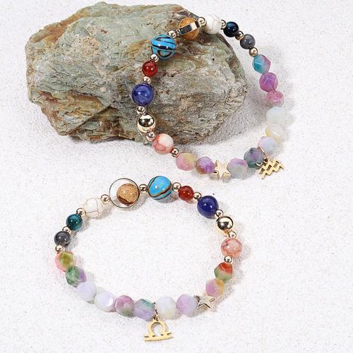 Gemstone Bracelets, 304 Stainless Steel, with Gemstone, 12 Signs of the Zodiac, plated, fashion jewelry, more colors for choice, 6-8mm, Sold Per 19 cm Strand