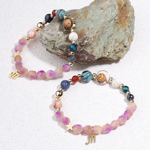 Gemstone Bracelets, 304 Stainless Steel, with Gemstone, 12 Signs of the Zodiac, plated, fashion jewelry, more colors for choice, 6-8mm, Sold Per 19 cm Strand