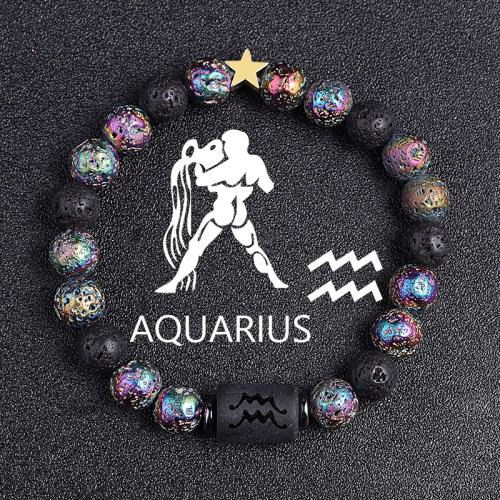 Gemstone Bracelets, Brass, with Obsidian & Lava, 12 Signs of the Zodiac, plated, fashion jewelry, more colors for choice, 10x13mm, Sold Per 19 cm Strand