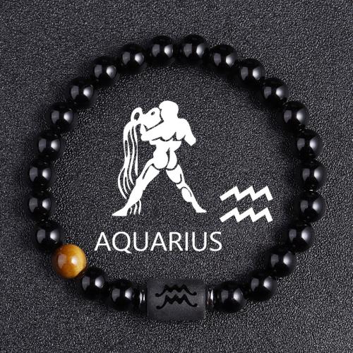 Gemstone Bracelets, Brass, with Obsidian & Tiger Eye, 12 Signs of the Zodiac, plated, fashion jewelry, more colors for choice, nickel, lead & cadmium free, 10x13mm, Sold Per 19 cm Strand