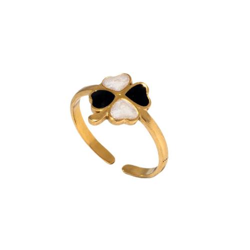 Enamel Stainless Steel Finger Ring, 304 Stainless Steel, Four Leaf Clover, real gold plated, fashion jewelry & for woman, golden, Sold By PC