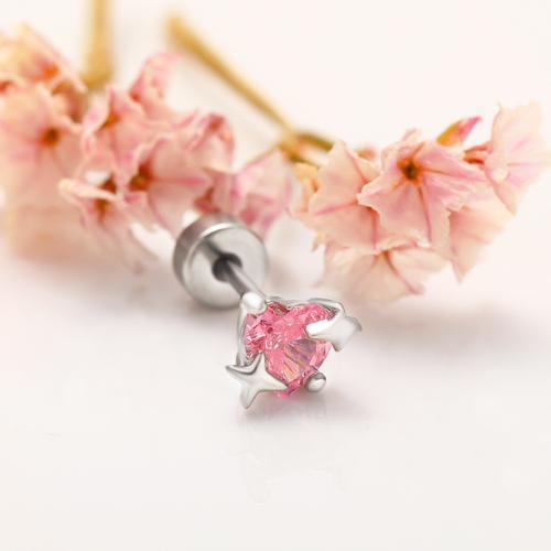 acier inoxydable 316L piercing oreille, coeur, unisexe & avec zircone cubique, plus de couleurs à choisir, earring rod size 0.8x6mm, round size 4mm, Vendu par PC