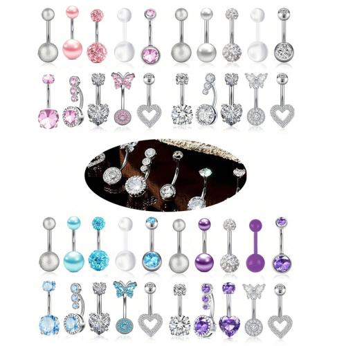 Acier inoxydable 304 anneau de ventre, avec perle de plastique, Placage, 10 pièces & unisexe & pavé de micro zircon, plus de couleurs à choisir, belly ring rod size 1.6x10mm, Vendu par fixé