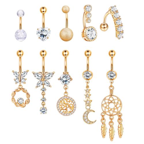 Acier inoxydable 304 anneau de ventre, Placage de couleur d'or, unisexe & styles différents pour le choix & pavé de micro zircon, belly ring rod size 1.6x10mm, Vendu par PC