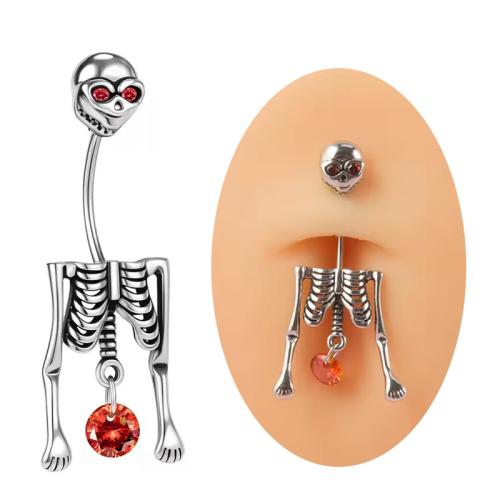 Acier inoxydable 304 anneau de ventre, crane, Halloween Design & unisexe & avec strass, Vendu par PC
