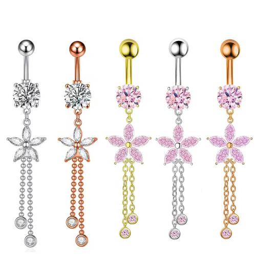 Acier inoxydable 304 anneau de ventre, glandpompon, Placage, unisexe & pavé de micro zircon, plus de couleurs à choisir, belly ring rod size 1.6x10mm, Vendu par PC
