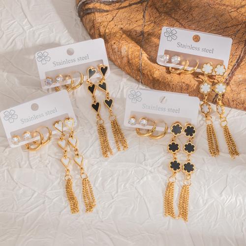 Fashion Fringe Earrings, 304 Stainless Steel, with White Shell & Acrylic, plated, three pieces & different materials for choice & different styles for choice & for woman & with rhinestone, golden, Sold By Set