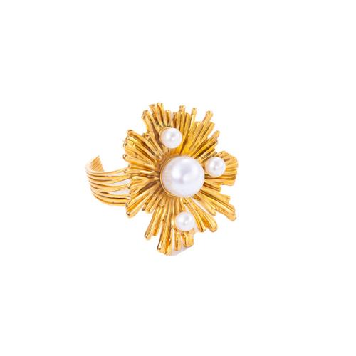 Stainless Steel Finger Ring, 304 Stainless Steel, with Plastic Pearl, petals, 18K gold plated, fashion jewelry & for woman, Sold By PC