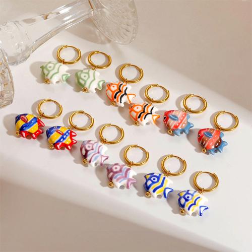 Porcelain Earrings, 304 Stainless Steel, with Porcelain, gold color plated, different styles for choice & for woman & enamel, more colors for choice, Sold By Pair