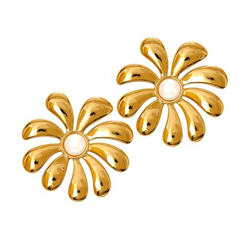 Stainless Steel Stud Earrings, 304 Stainless Steel, with Plastic Pearl, plated, fashion jewelry & different styles for choice & for woman, golden, Sold By Pair